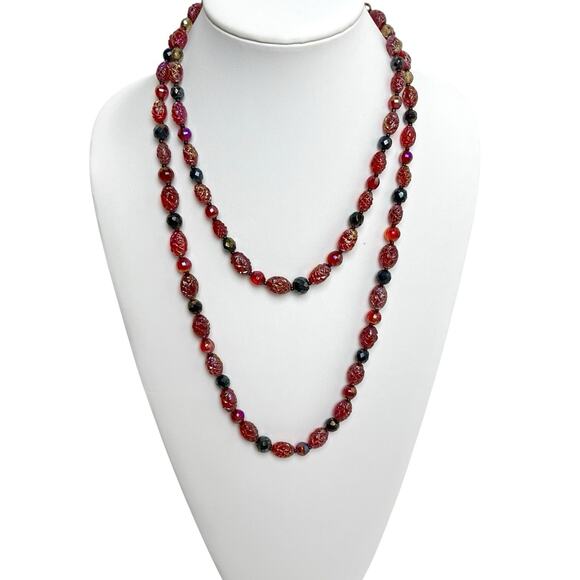 Beaded Necklaces Pair Molded Plastic Translucent Red Shimmer AB Shades Gold Tone - Picture 10 of 11